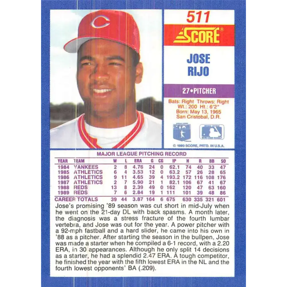 1990 Score #511 Jose Rijo NM-MT Cincinnati Reds Baseball Card - Baseball Card Single