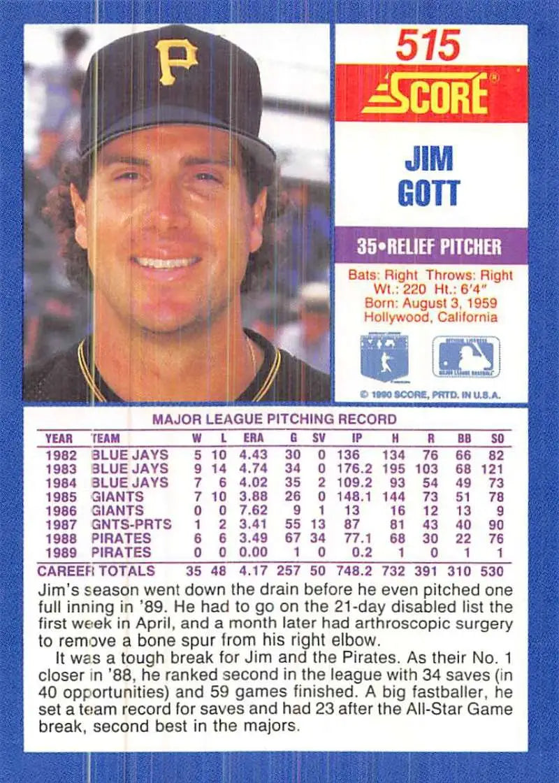 1990 Score #515 Jim Gott EX Excellent Pittsburgh Pirates Baseball Card - Baseball Card Single