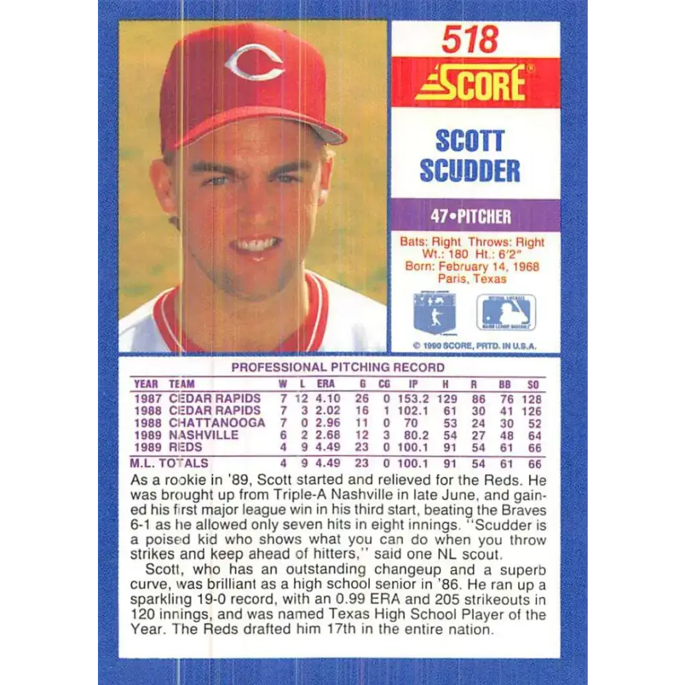 1990 Score #518 Scott Scudder NM-MT Cincinnati Reds Baseball Card - Baseball Card Single