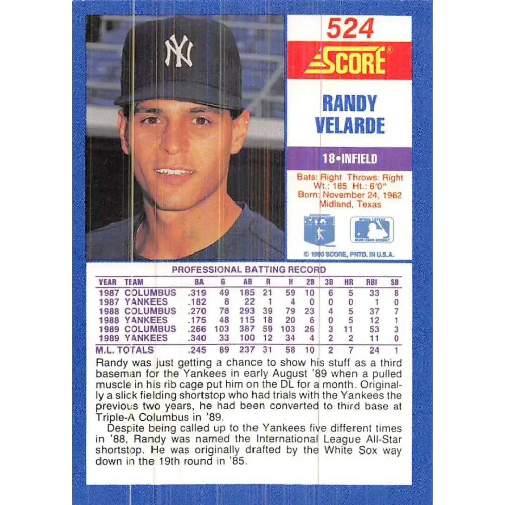1990 Score #524 Randy Velarde NM-MT New York Yankees Baseball Card - Baseball Card Single