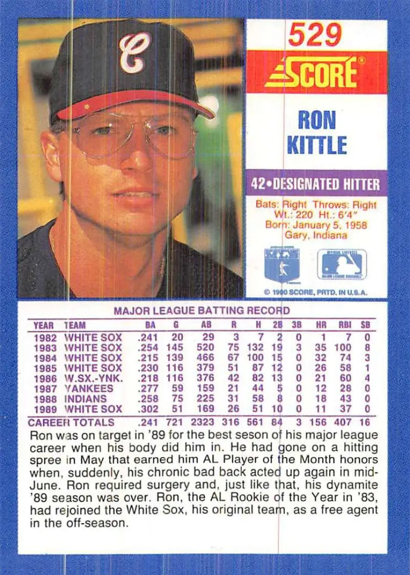 1990 Score #529 Ron Kittle EX Excellent Chicago White Sox Baseball Card - Baseball Card Single