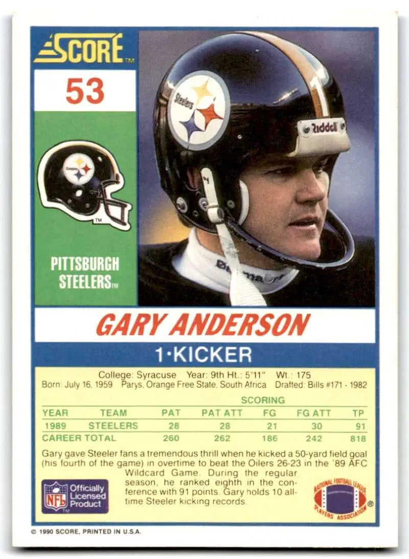 1990 Score #53 Gary Anderson NM-MT Pittsburgh Steelers Football Card - Football Card Single