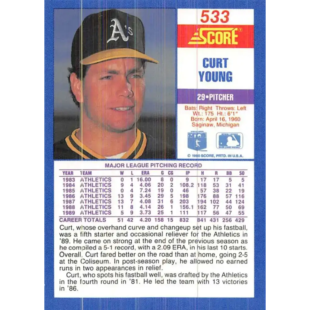 1990 Score #533 Curt Young NM-MT Oakland Athletics Baseball Card - Baseball Card Single