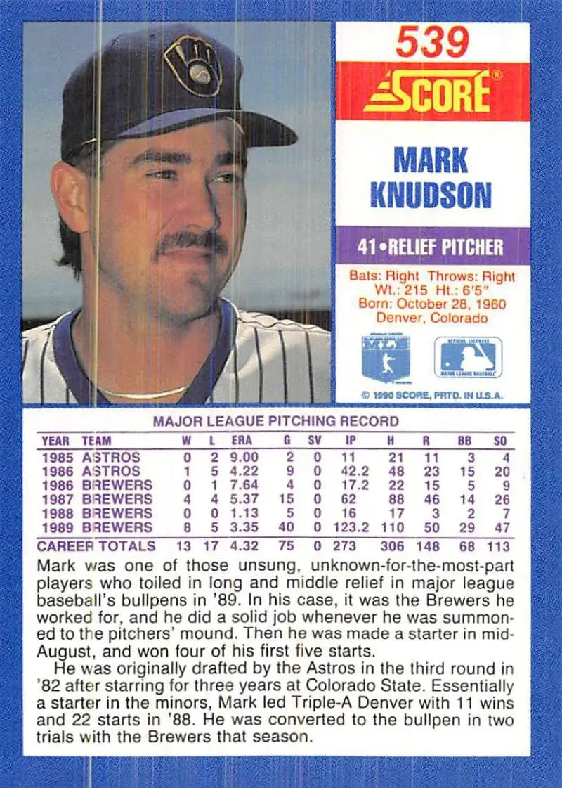 1990 Score #539 Mark Knudson EX Excellent Milwaukee Brewers Baseball Card - Baseball Card Single