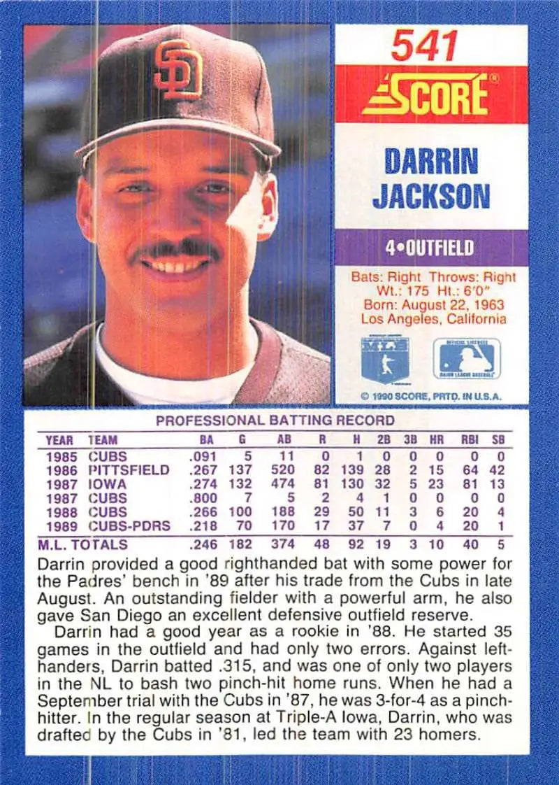1990 Score #541 Darrin Jackson EX Excellent San Diego Padres Baseball Card - Baseball Card Single