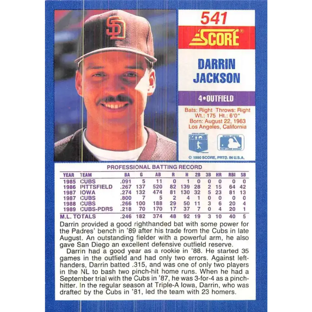 1990 Score #541 Darrin Jackson NM-MT San Diego Padres Baseball Card - Baseball Card Single