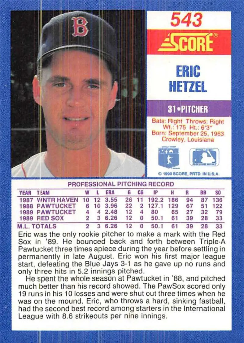 1990 Score #543 Eric Hetzel EX Excellent Boston Red Sox Baseball Card - Baseball Card Single