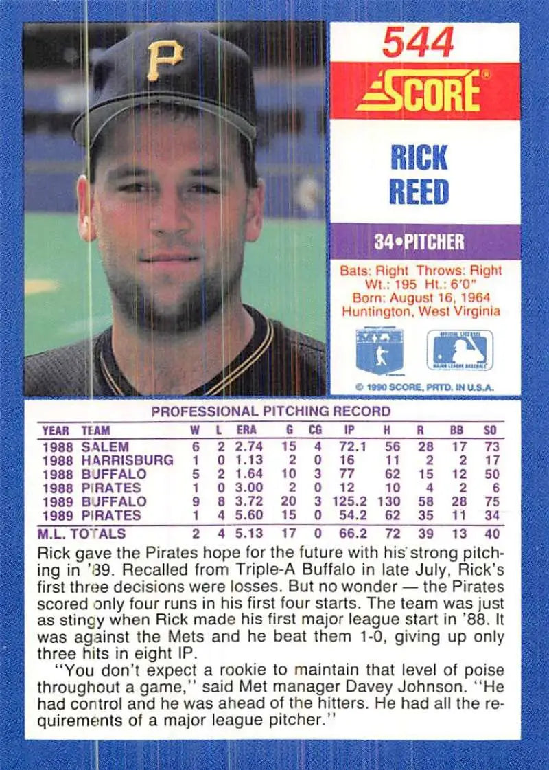 1990 Score #544 Rick Reed EX Excellent RC Rookie Pittsburgh Pirates Baseball Card - Baseball Card Single