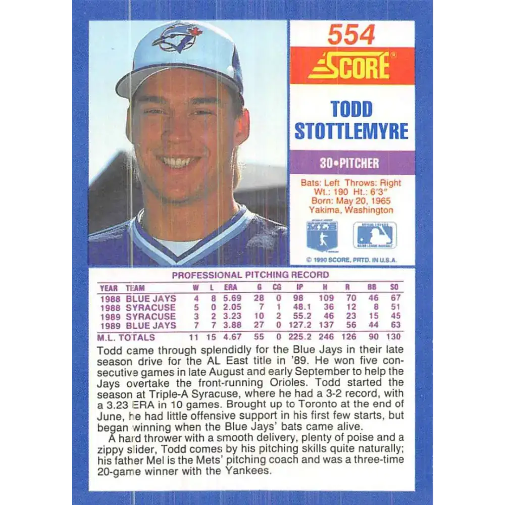 1990 Score #554 Todd Stottlemyre NM-MT Toronto Blue Jays Baseball Card - Baseball Card Single