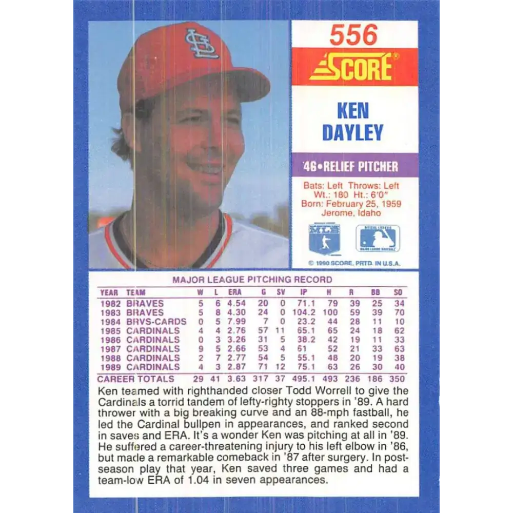1990 Score #556 Ken Dayley NM-MT St. Louis Cardinals Baseball Card - Baseball Card Single