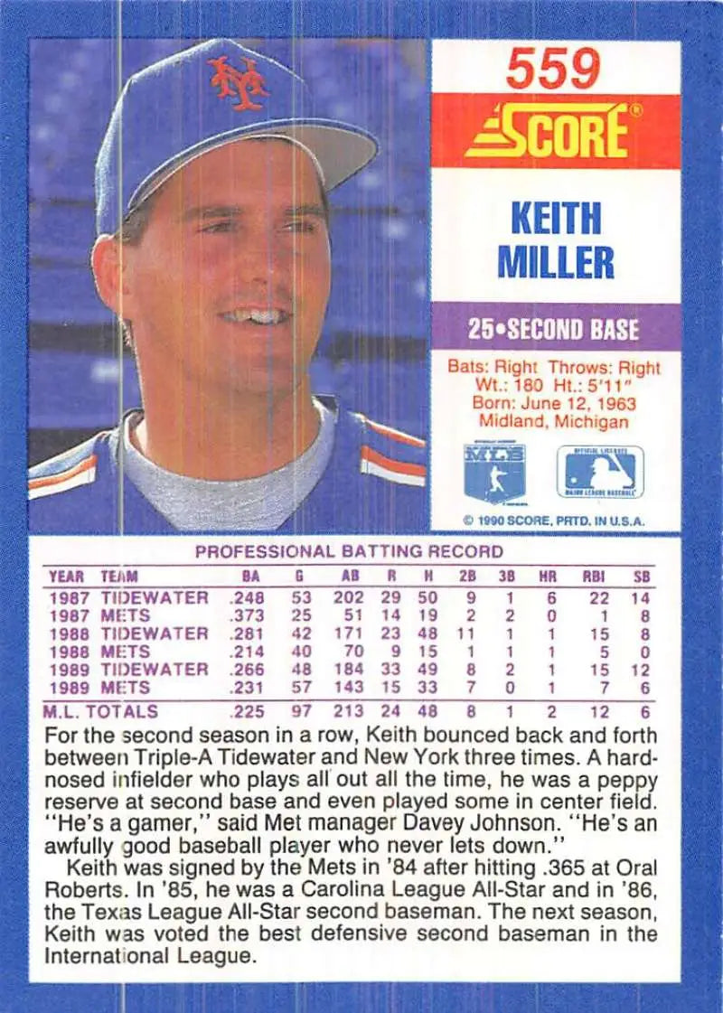 1990 Score #559 Keith Miller EX Excellent New York Mets Baseball Card - Baseball Card Single