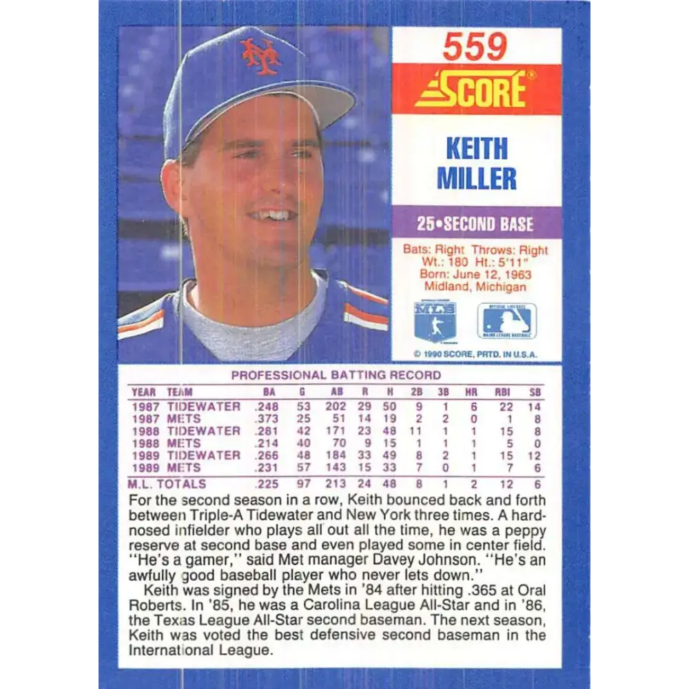 1990 Score #559 Keith Miller NM-MT New York Mets Baseball Card - Baseball Card Single