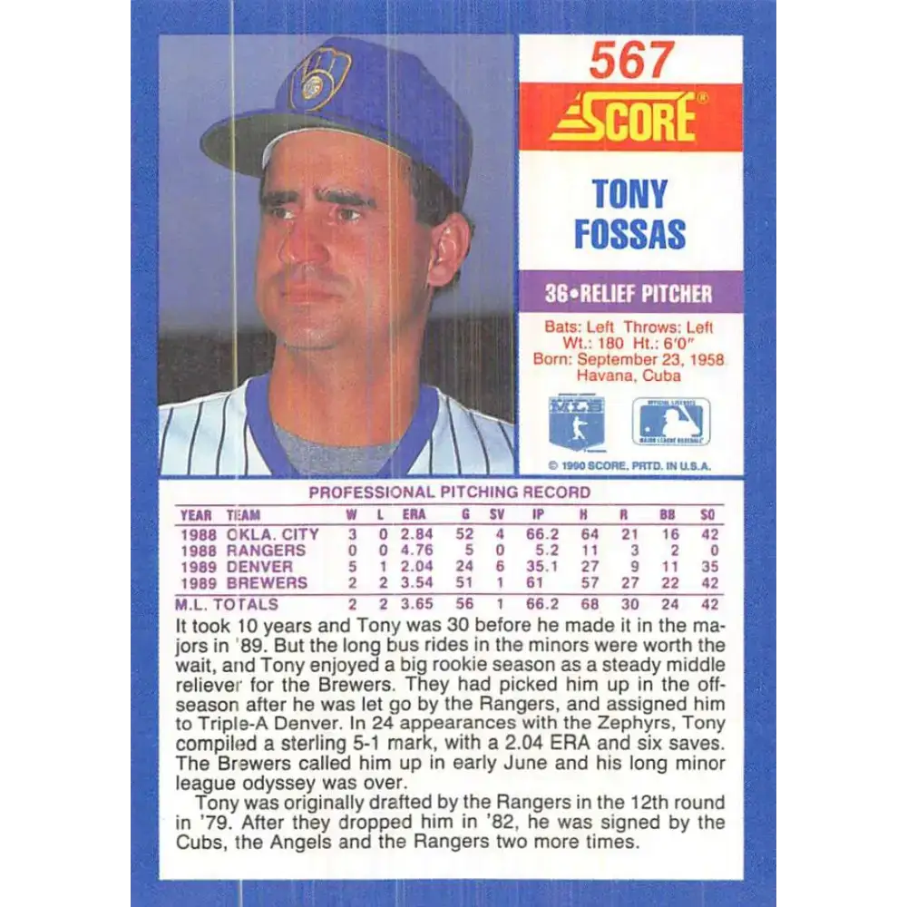 1990 Score #567 Tony Fossas NM-MT RC Rookie Milwaukee Brewers Baseball Card - Baseball Card Single