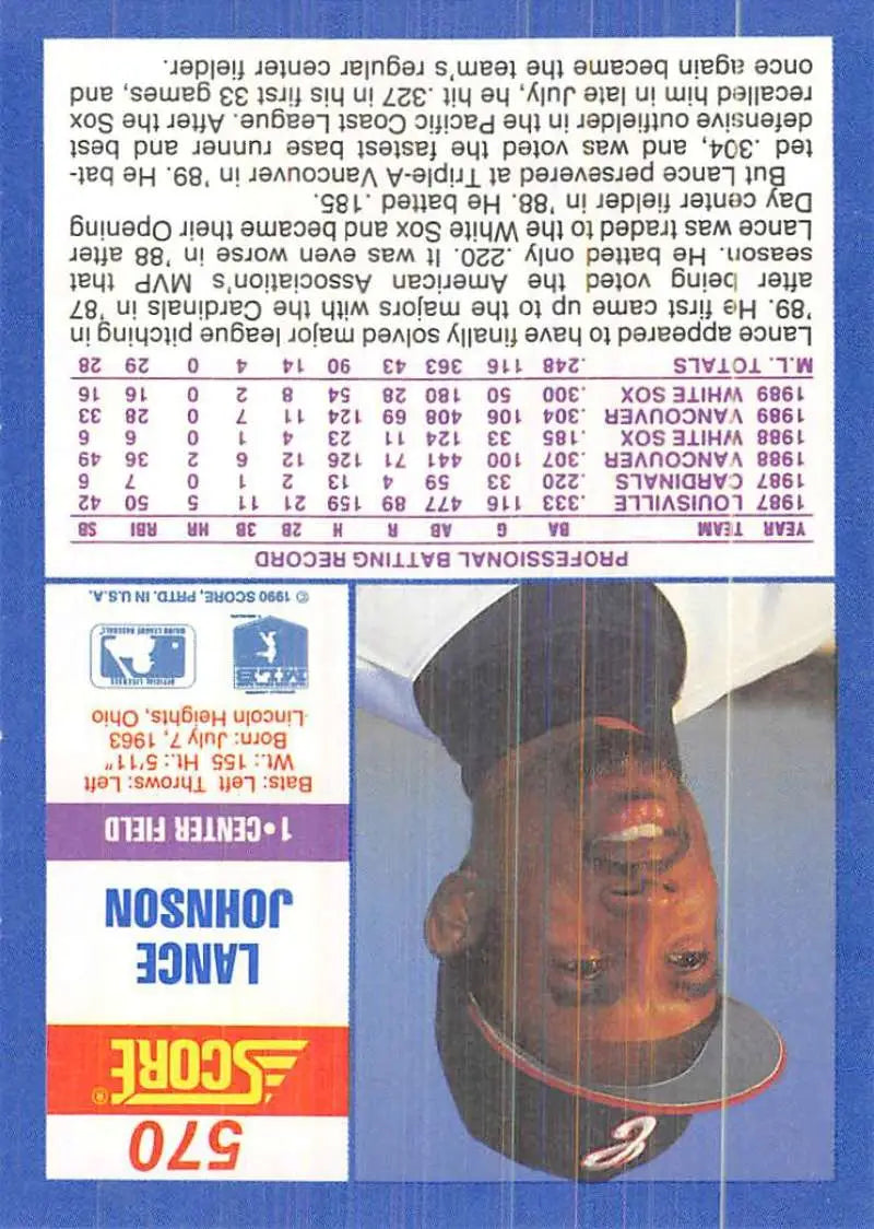 1990 Score #570 Lance Johnson EX Excellent Chicago White Sox Baseball Card - Baseball Card Single