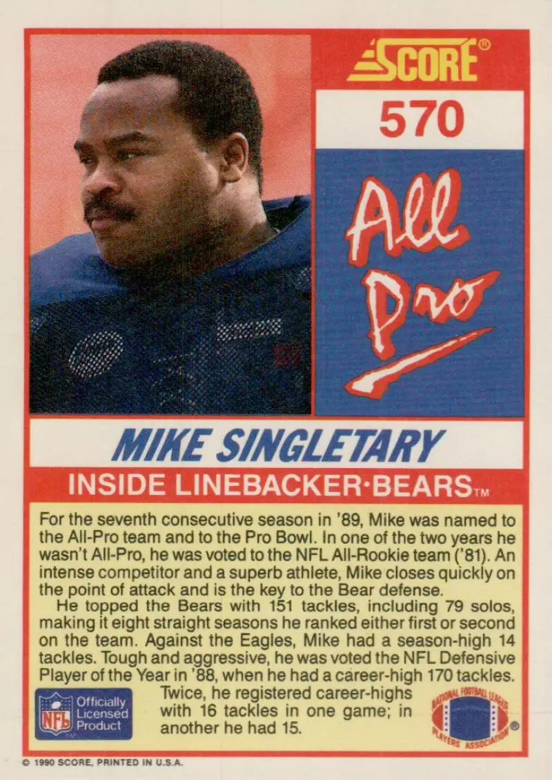 1990 Score #570 Mike Singletary NM-MT Chicago Bears Football Card