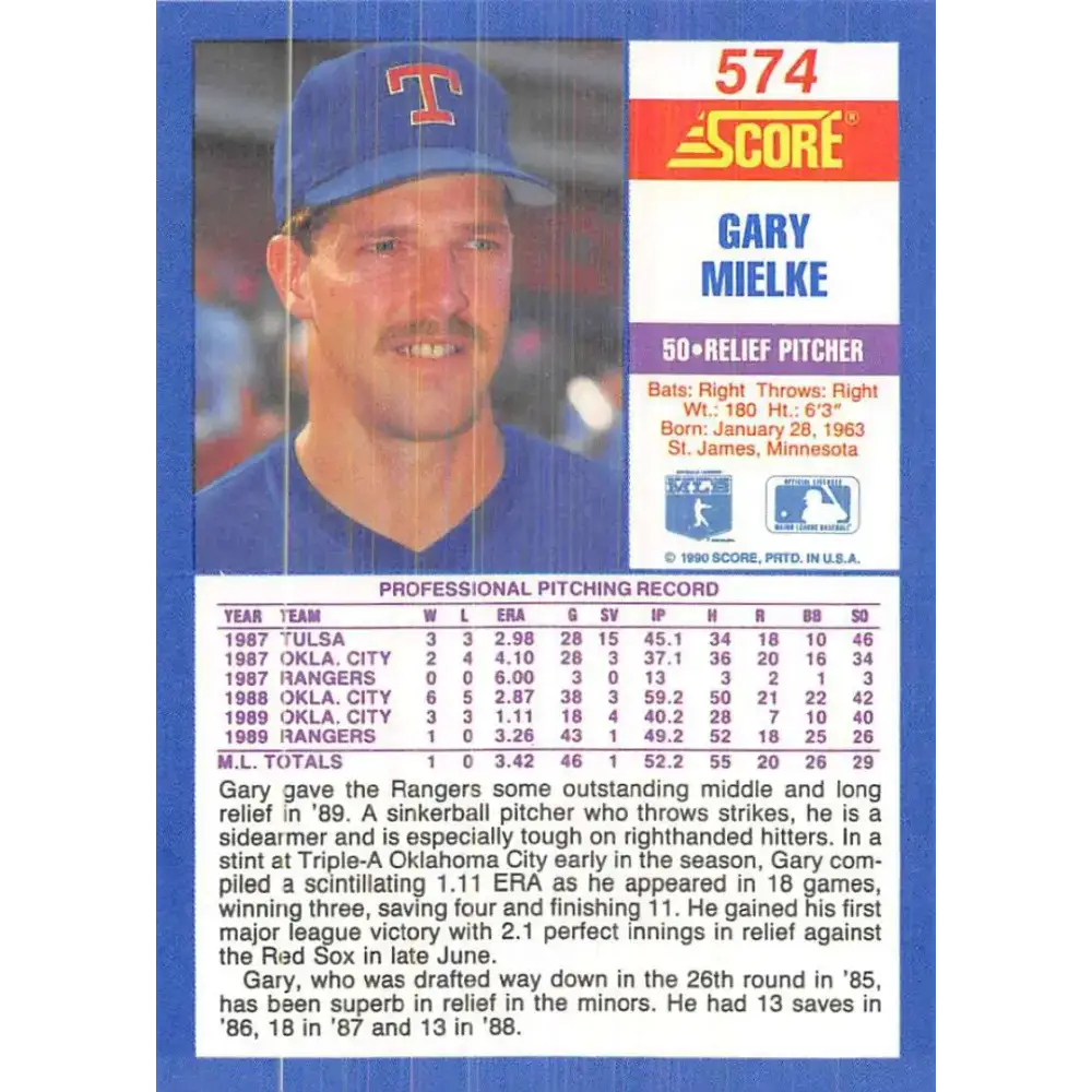 1990 Score #574 Gary Mielke NM-MT RC Rookie Texas Rangers Baseball Card - Baseball Card Single