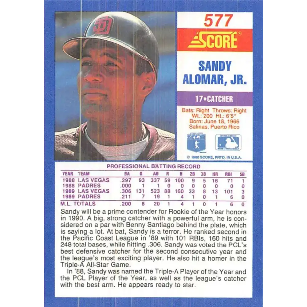 1990 Score #577 Sandy Alomar Jr. NM-MT San Diego Padres Baseball Card - Baseball Card Single