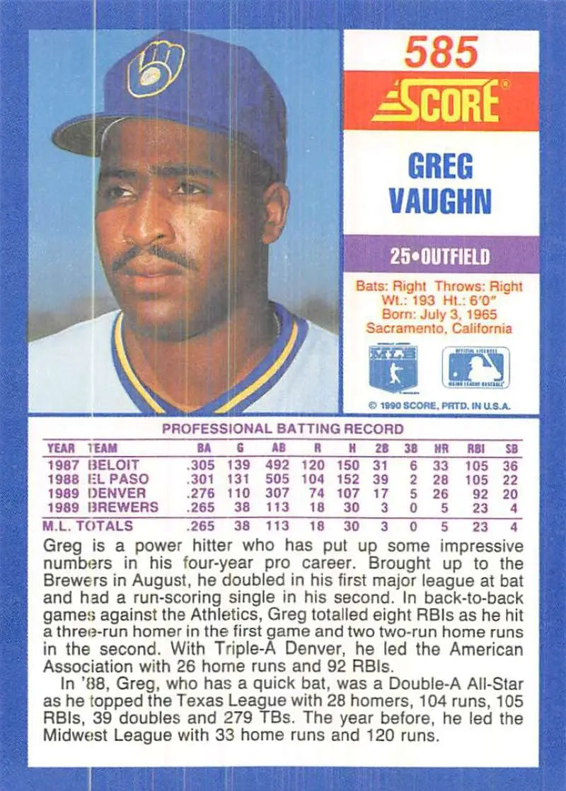1990 Score #585 Greg Vaughn EX Excellent Milwaukee Brewers Baseball Card - Baseball Card Single