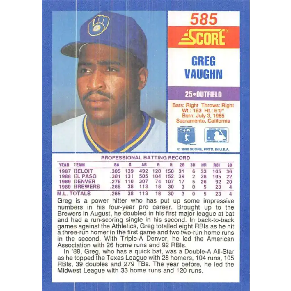 1990 Score #585 Greg Vaughn NM-MT Milwaukee Brewers Baseball Card - Baseball Card Single