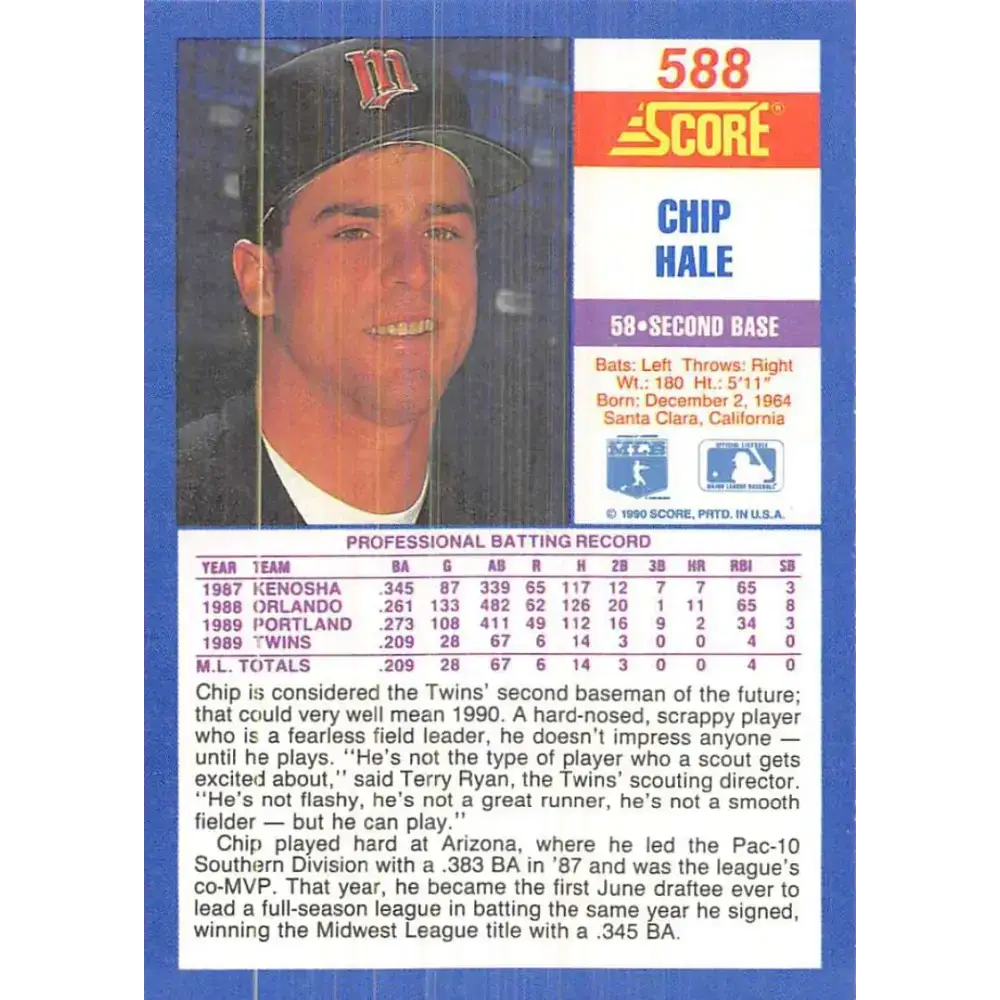 1990 Score #588 Chip Hale NM-MT RC Rookie Minnesota Twins Baseball Card - Baseball Card Single
