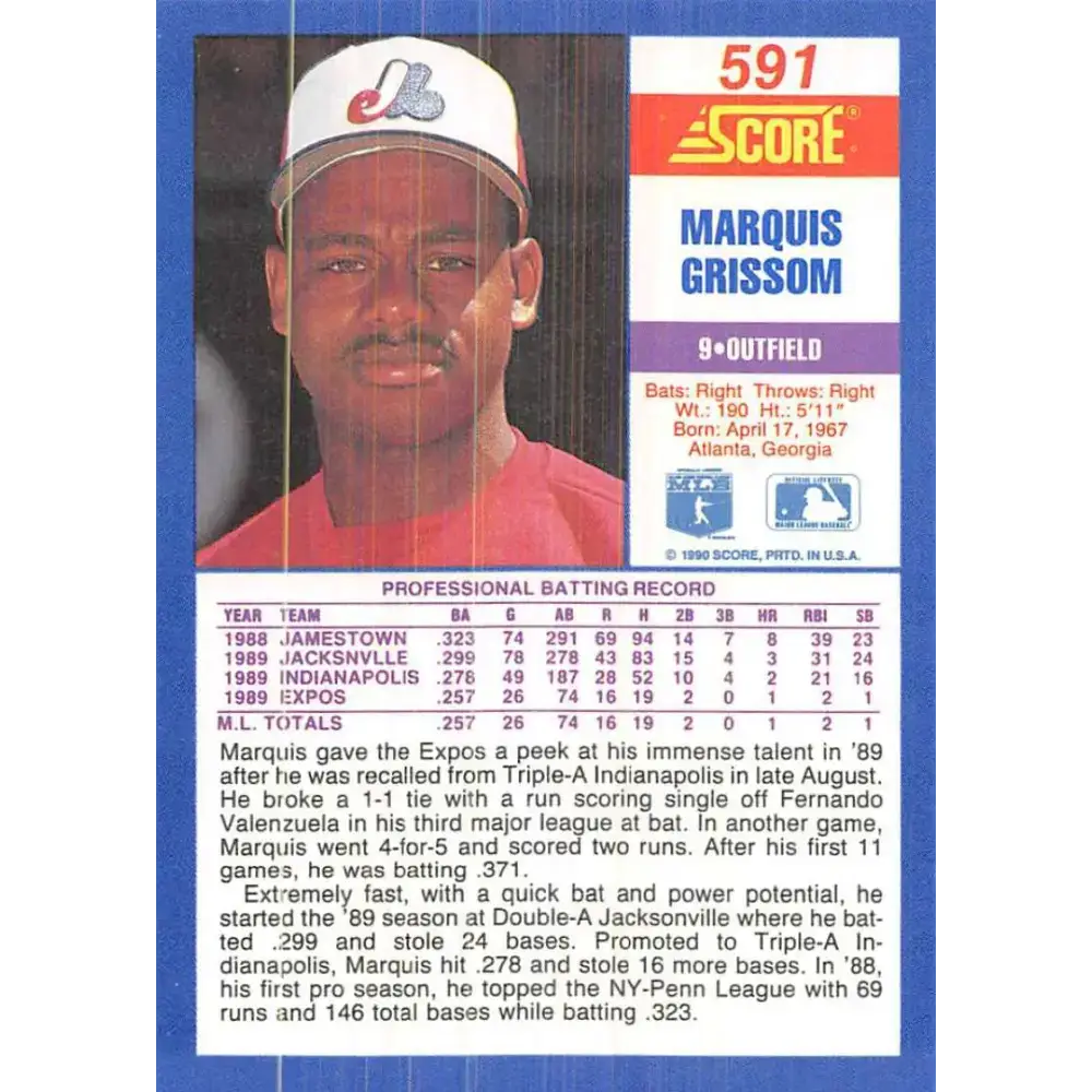 1990 Score #591 Marquis Grissom NM-MT RC Rookie Montreal Expos Baseball Card - Baseball Card Single