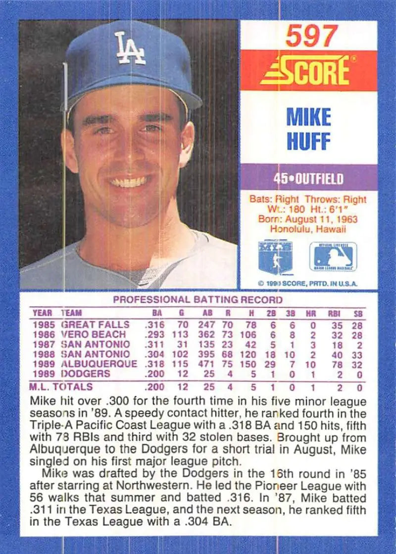 1990 Score #597 Mike Huff EX Excellent RC Rookie Los Angeles Dodgers Baseball Card - Baseball Card Single