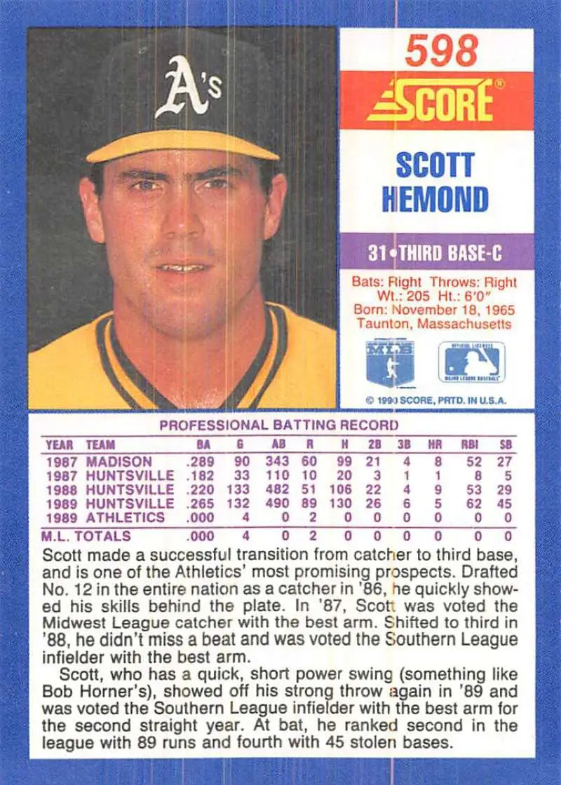 1990 Score #598 Scott Hemond EX Excellent RC Rookie Oakland Athletics Baseball Card - Baseball Card Single
