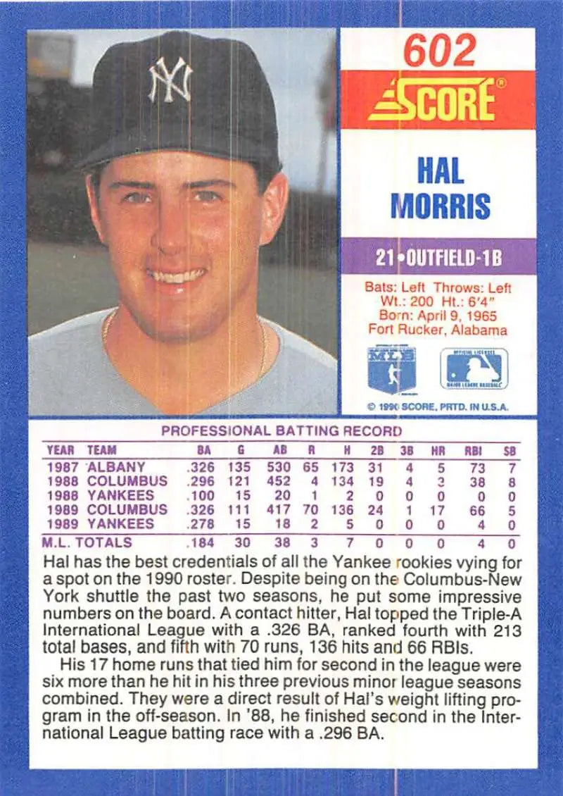 1990 Score #602 Hal Morris EX Excellent New York Yankees Baseball Card - Baseball Card Single
