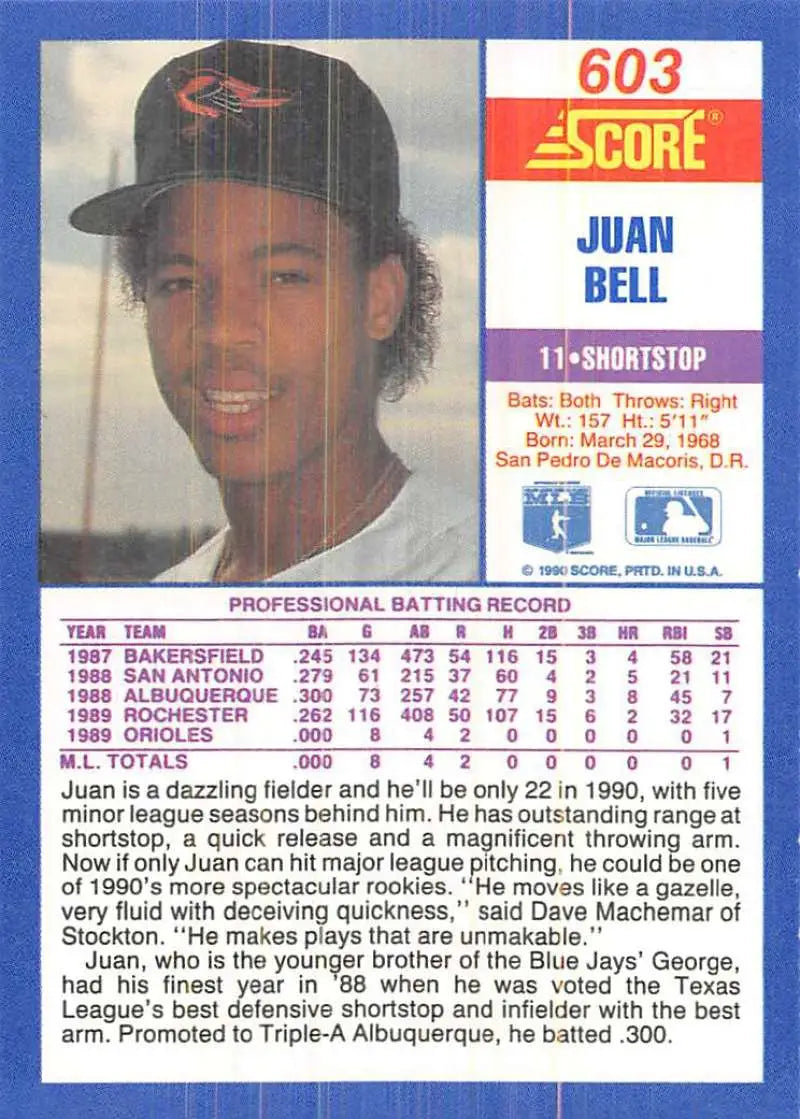1990 Score #603 Juan Bell EX Excellent Baltimore Orioles Baseball Card - Baseball Card Single