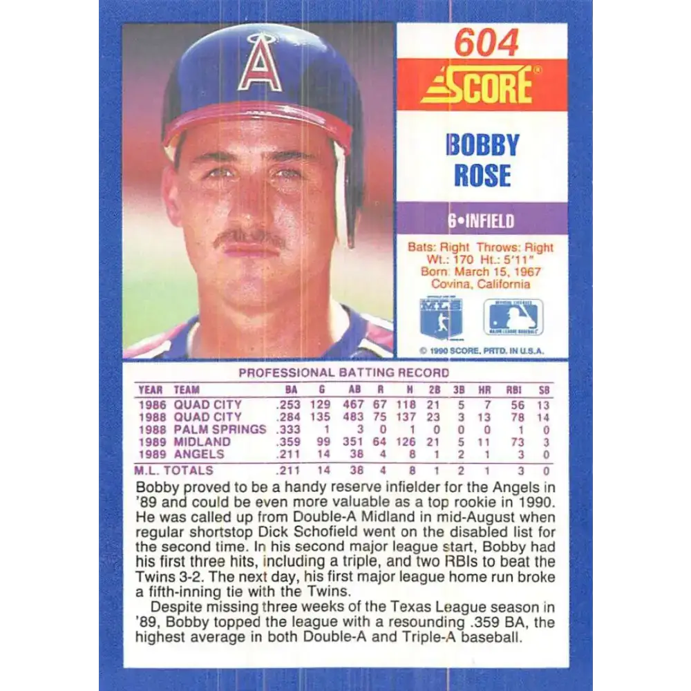 1990 Score #604 Bobby Rose NM-MT California Angels Baseball Card - Baseball Card Single