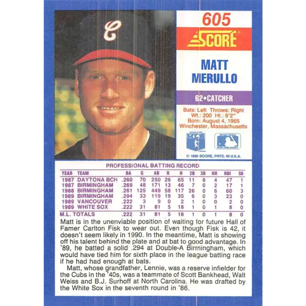 1990 Score #605 Matt Merullo NM-MT Chicago White Sox Baseball Card - Baseball Card Single