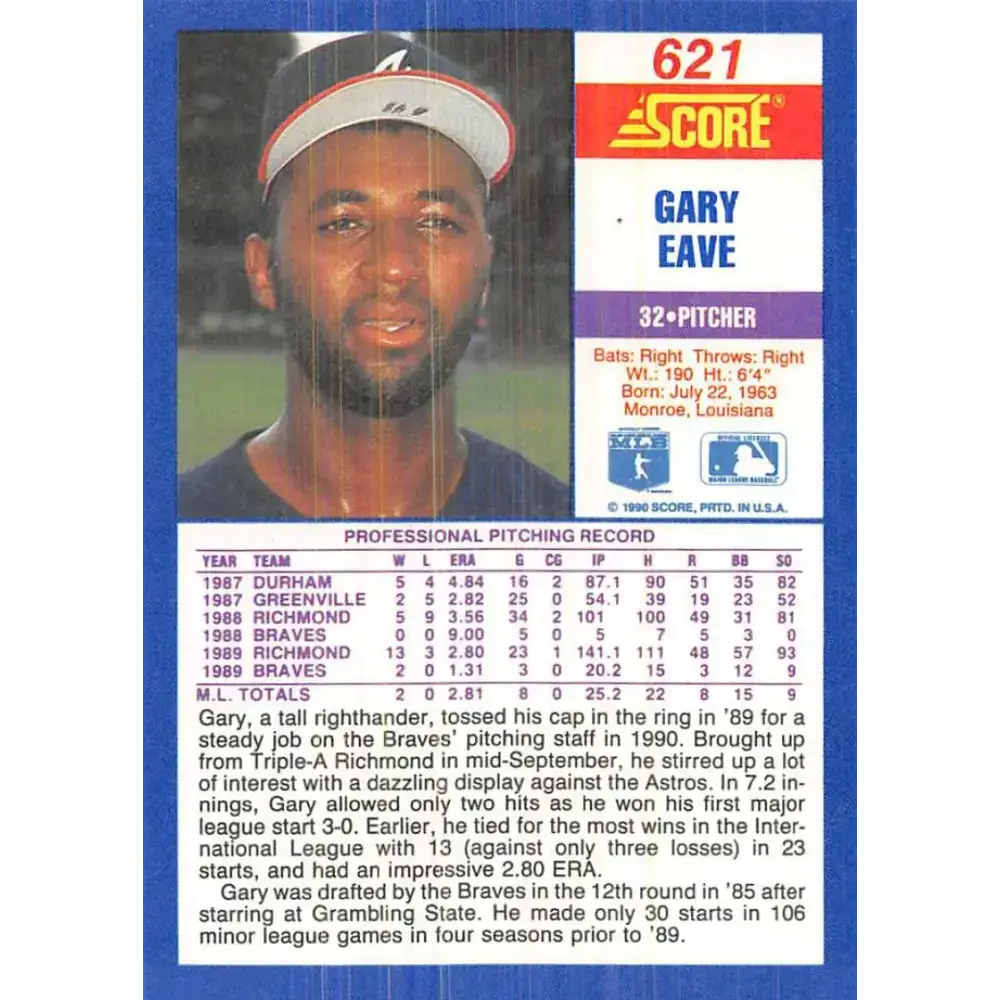 1990 Score #621 Gary Eave NM-MT RC Rookie Atlanta Braves Baseball Card - Baseball Card Single