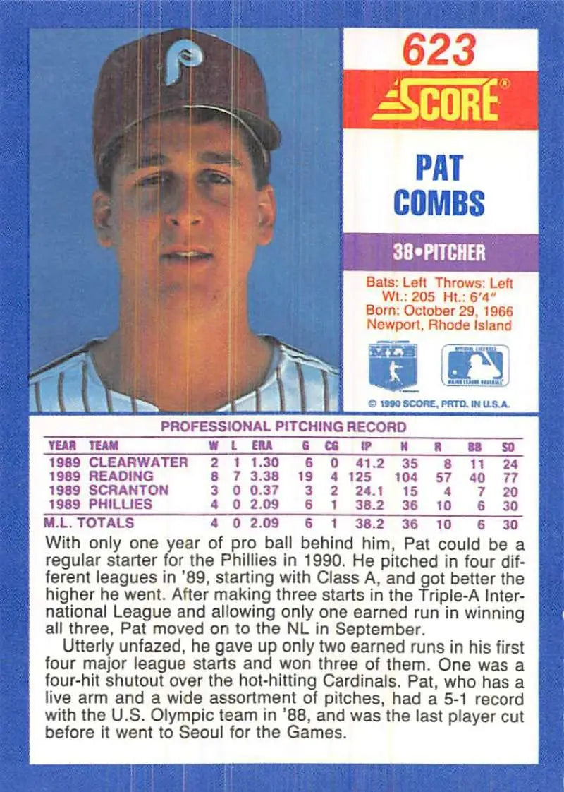 1990 Score #623 Pat Combs EX Excellent Philadelphia Phillies Baseball Card - Baseball Card Single