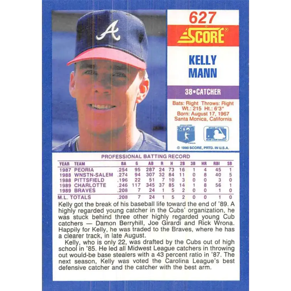 1990 Score #627 Kelly Mann NM-MT RC Rookie Atlanta Braves Baseball Card - Baseball Card Single