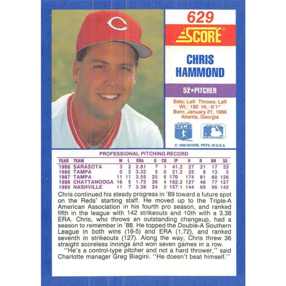 1990 Score #629 Chris Hammond NM-MT RC Rookie Cincinnati Reds Baseball Card - Baseball Card Single