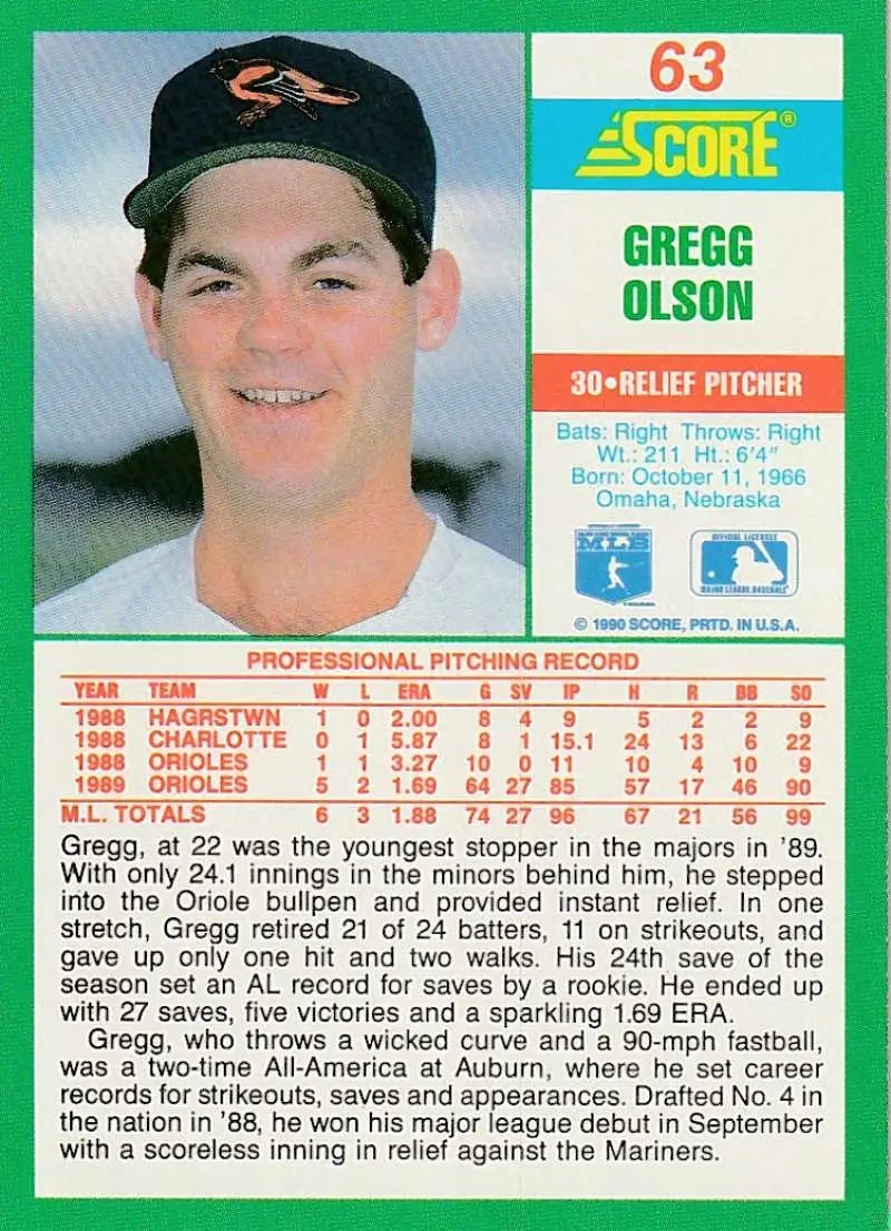 1990 Score #63 Gregg Olson EX Excellent Baltimore Orioles Baseball Card - Baseball Card Single
