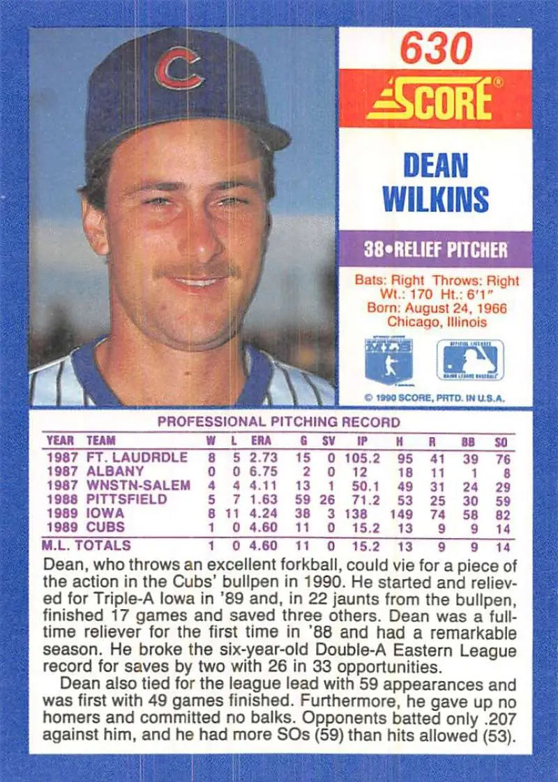 1990 Score #630 Dean Wilkins EX Excellent RC Rookie Chicago Cubs Baseball Card