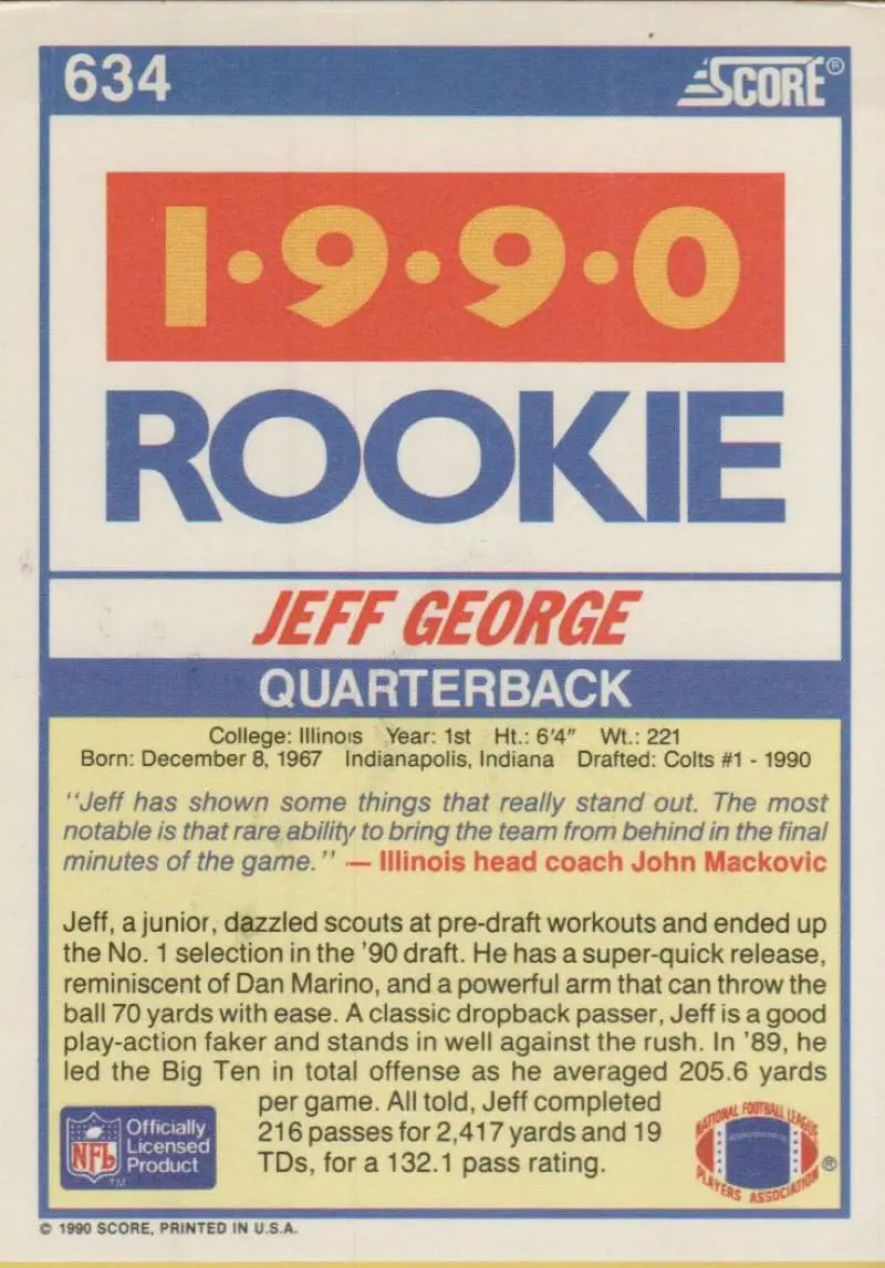 1990 Score #634 Jeff George NM-MT RC Rookie Indianapolis Colts Football Card - Football Card Single