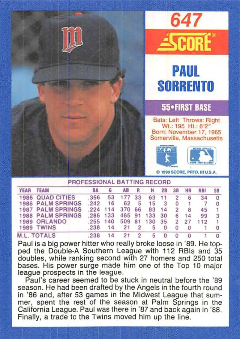 1990 Score #647 Paul Sorrento EX Excellent RC Rookie Minnesota Twins Baseball Card - Baseball Card Single