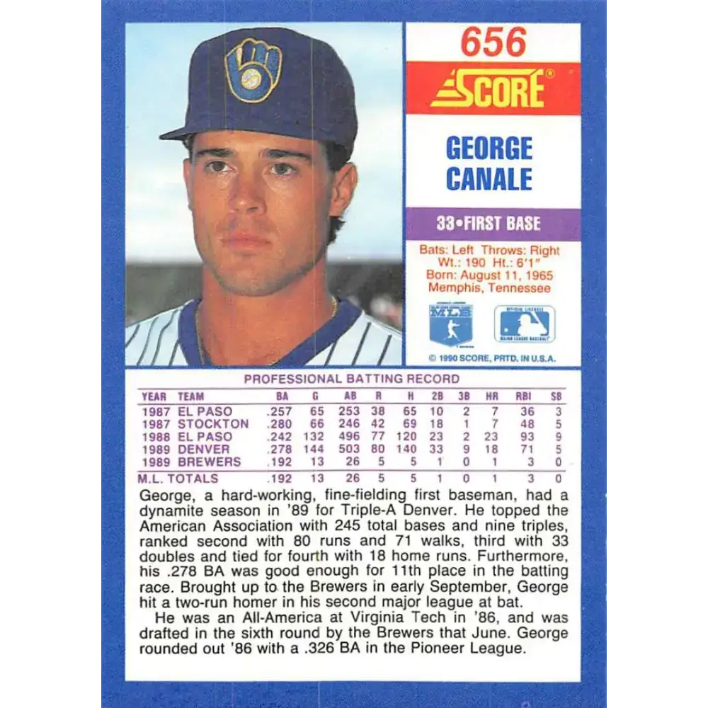 1990 Score #656 George Canale NM-MT RC Rookie Milwaukee Brewers Baseball Card - Baseball Card Single