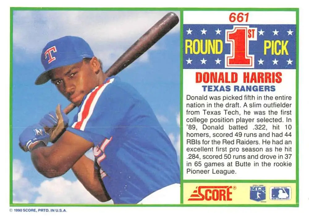 1990 Score #661 Donald Harris EX Excellent RC Rookie Texas Rangers Baseball Card - Baseball Card Single