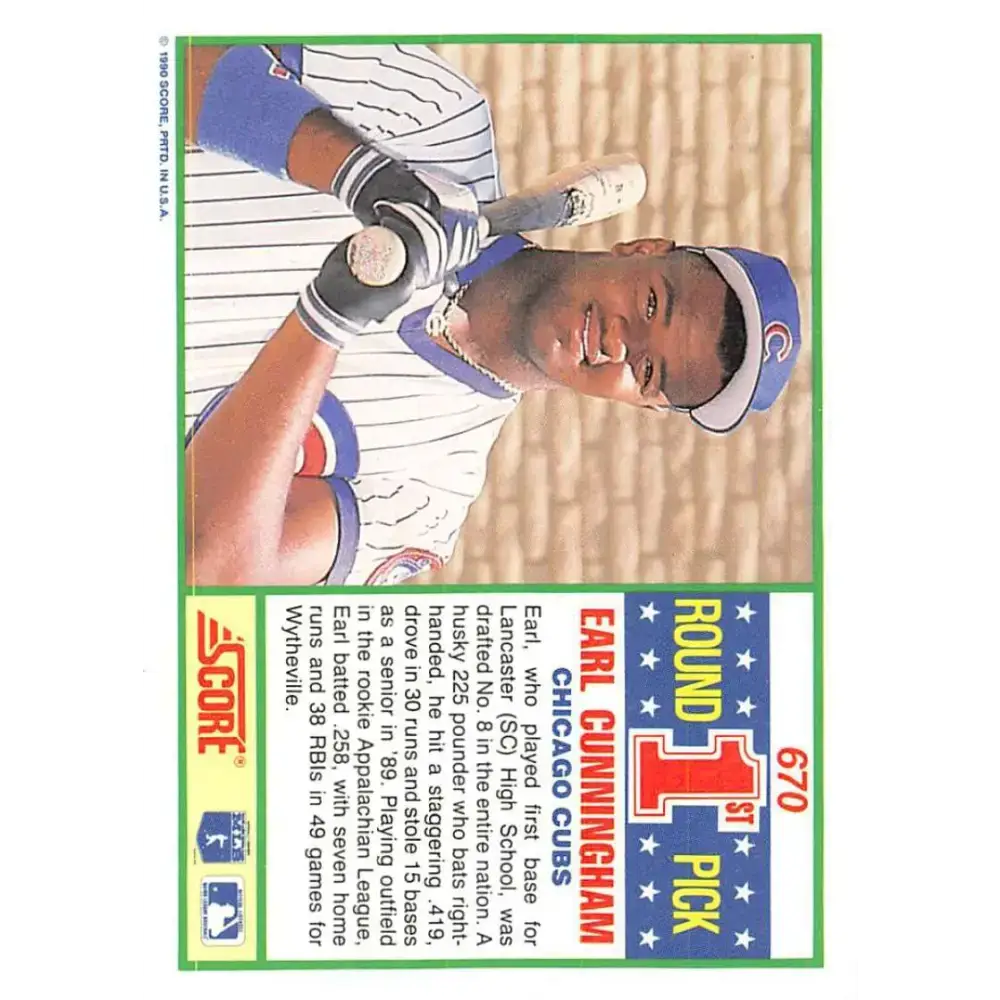 1990 Score #670 Earl Cunningham NM-MT RC Rookie Chicago Cubs Baseball Card - Baseball Card Single