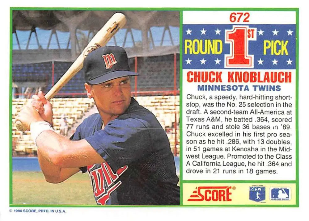 1990 Score #672 Chuck Knoblauch EX Excellent RC Rookie Minnesota Twins Baseball Card - Baseball Card Single