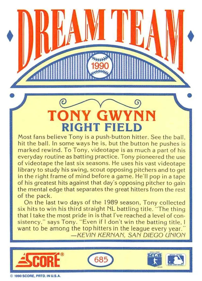 1990 Score #685 Tony Gwynn EX Excellent San Diego Padres Baseball Card - Baseball Card Single