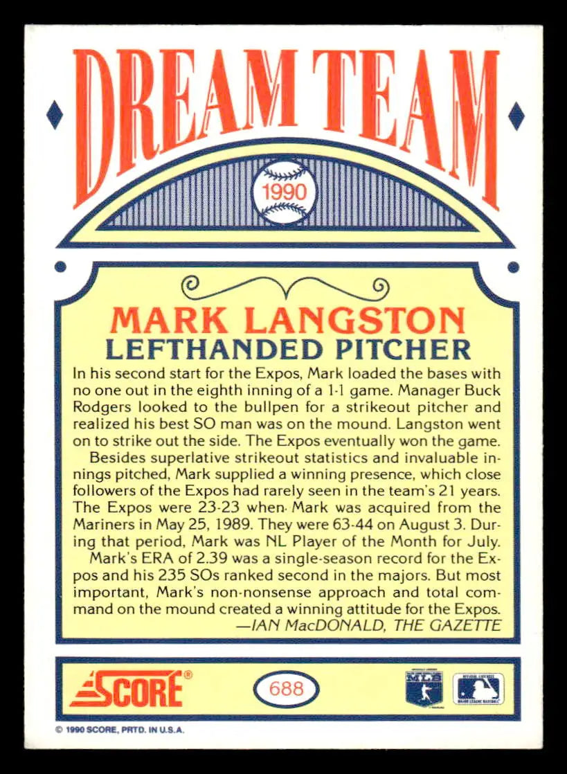 1990 Score #688 Mark Langston - Baseball Card Single