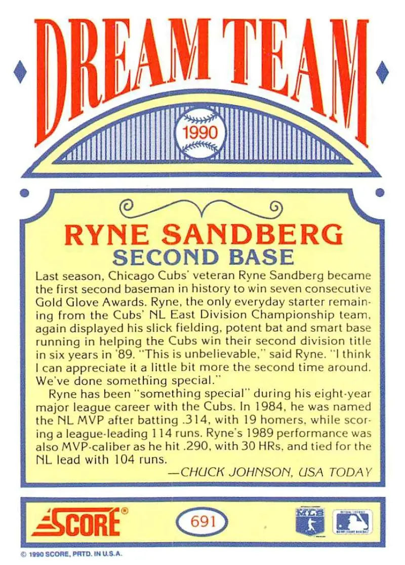 1990 Score #691 Ryne Sandberg EX Excellent Chicago Cubs Baseball Card - Baseball Card Single