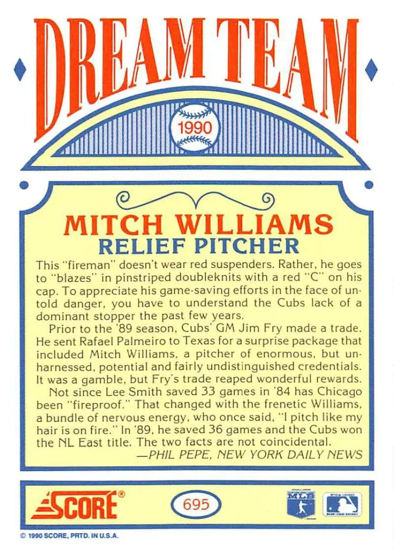 1990 Score #695 Mitch Williams EX Excellent Chicago Cubs Baseball Card - Baseball Card Single