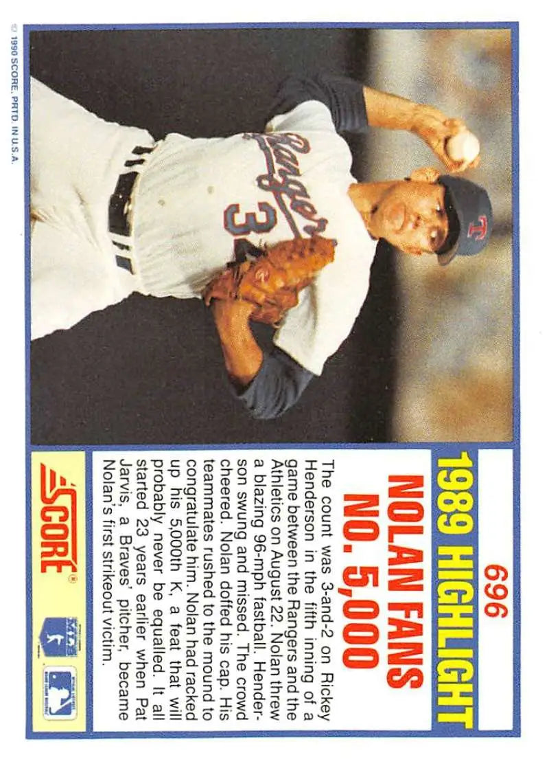 1990 Score #696 Nolan Ryan EX Excellent Texas Rangers Baseball Card - Baseball Card Single