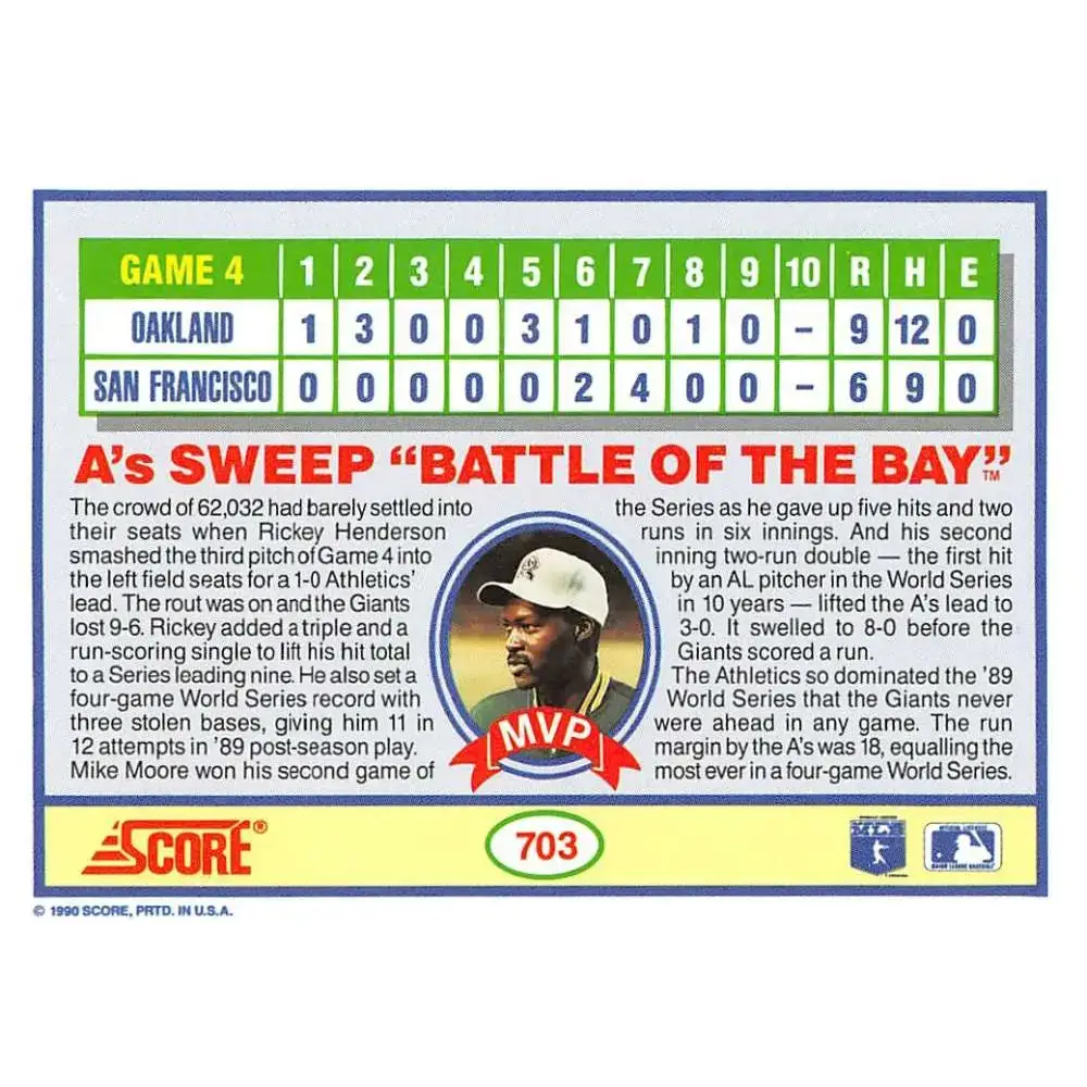 1990 Score #703 WS Game 4/Wrap-up NM-MT Oakland Athletics/San Francisco Giants Baseball Card - Baseball Card Single
