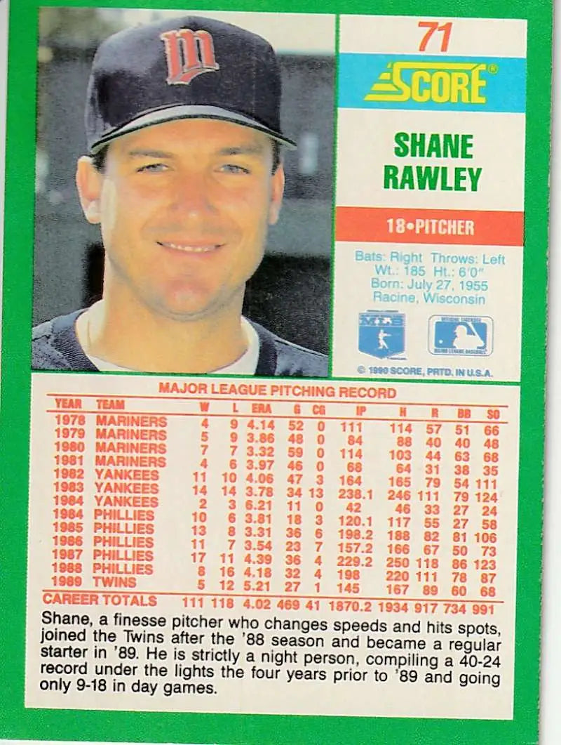 1990 Score #71 Shane Rawley EX Excellent Minnesota Twins Baseball Card - Baseball Card Single